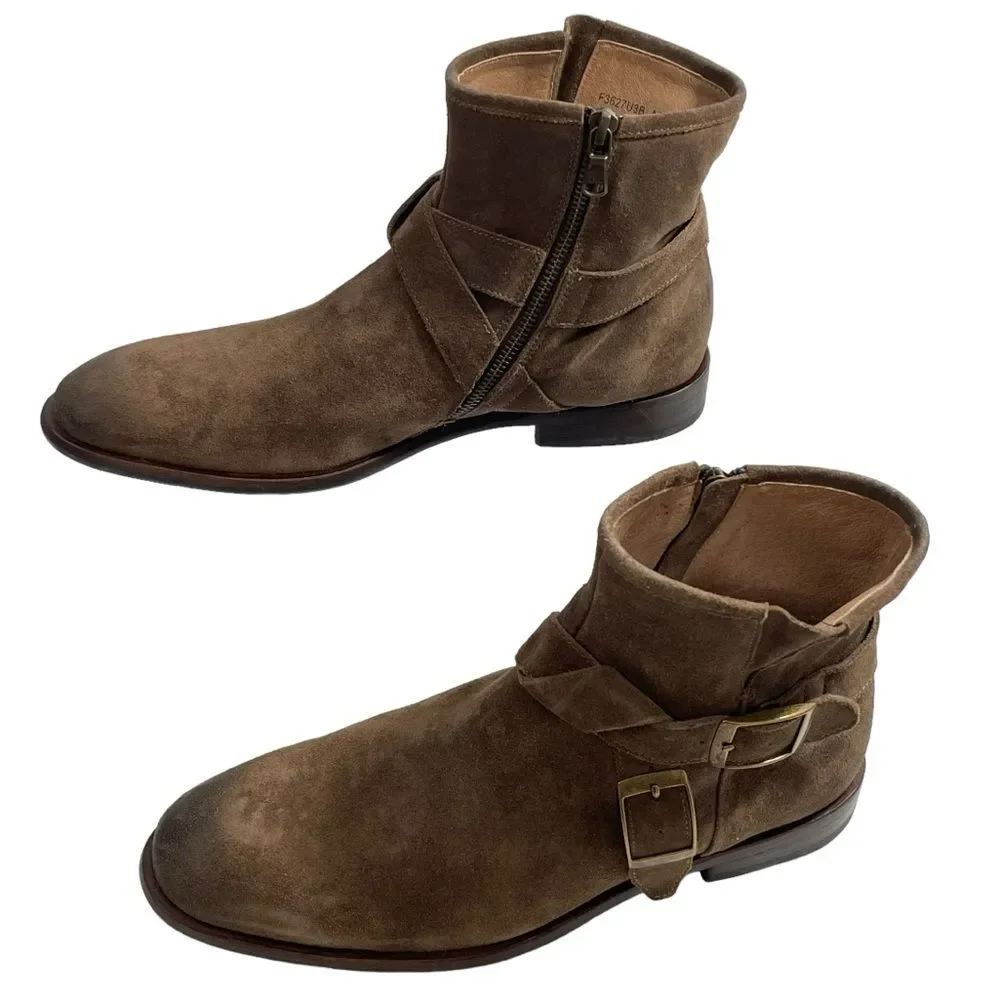 John Varvatos Taupe Brown Suede Double-Buckle Ankle Boots